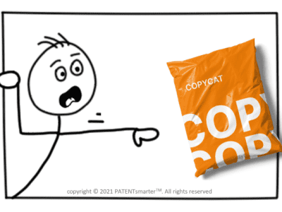 Illustration of stickman pointing at a product marked "COPY"