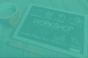 Blackboard with illustrations and symbols for workshop tasks and outcomes
